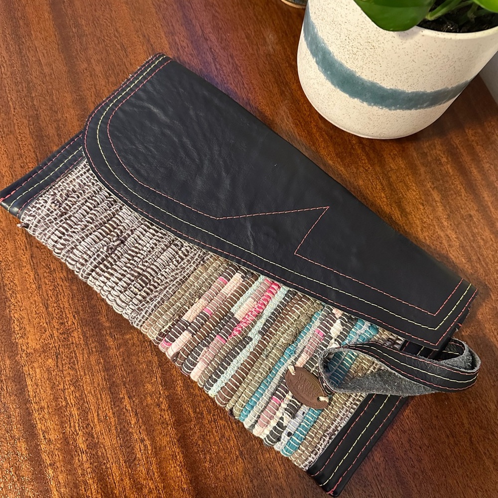 Multicolor Woven Clutch with Black Leather Flap